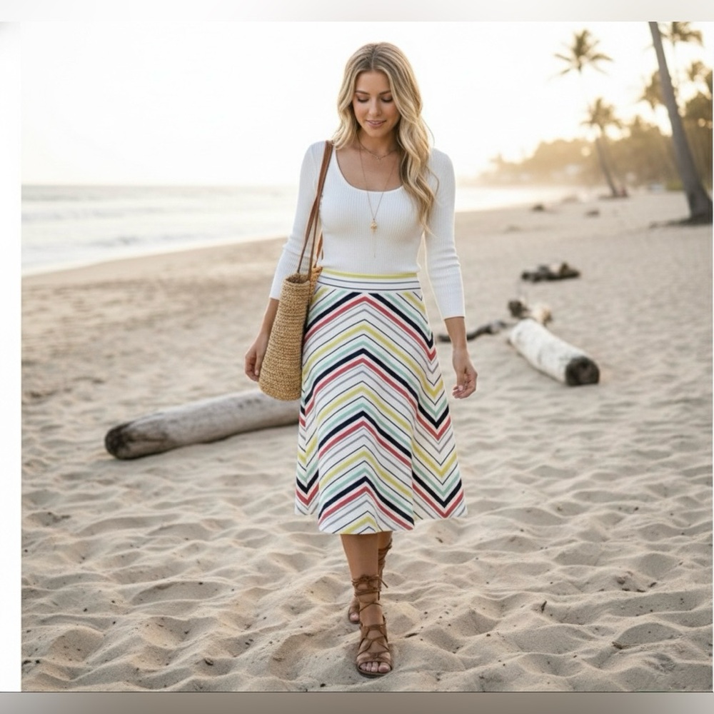 Anthropologie Chevron Midi Skirt in White, Yellow, Pink, Blue, Black